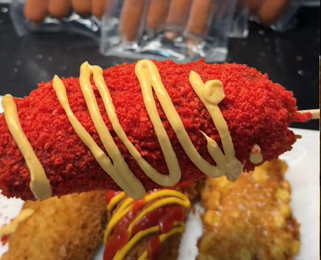 Gefrituurde Bandak corndogs met krokante korst, geserveerd met saus en toppings